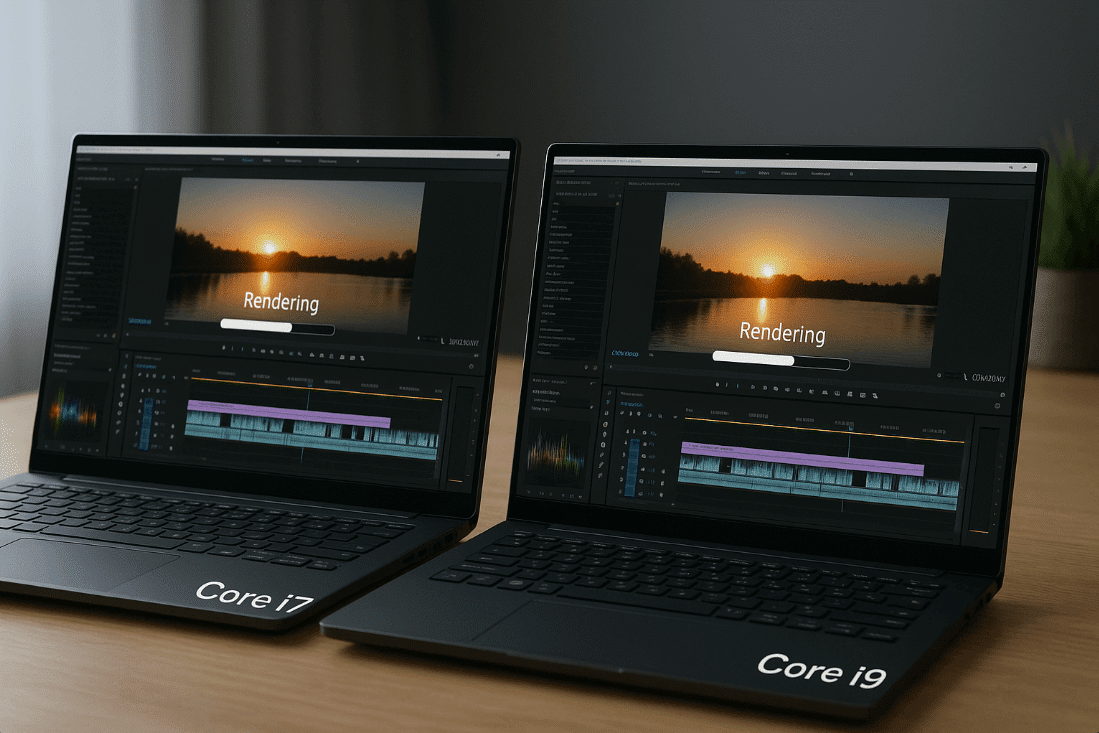 Two laptops comparing Intel Core i7 and i9 video render times