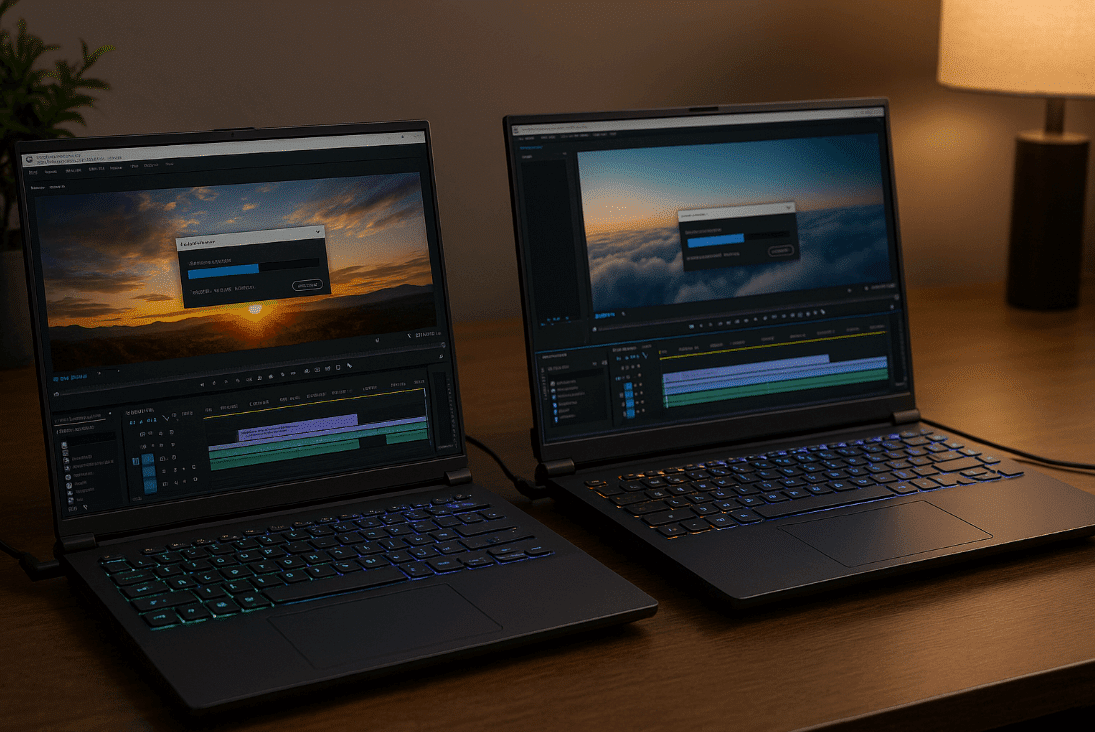 Two laptops on a wooden desk for video rendering comparison