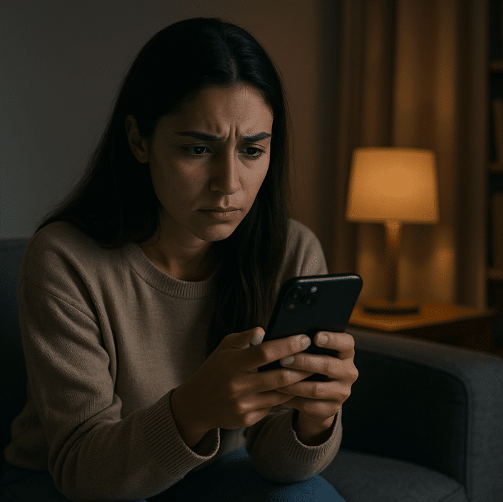 Woman on couch using smartphone cautiously