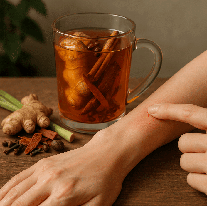 Woman's hand next to tea cup on table