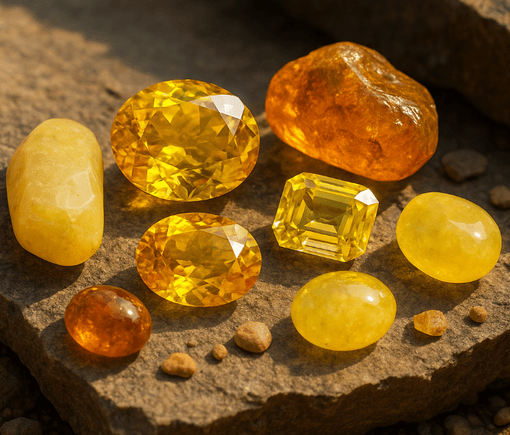 Yellow and orange crystals on rock in gemstone blog