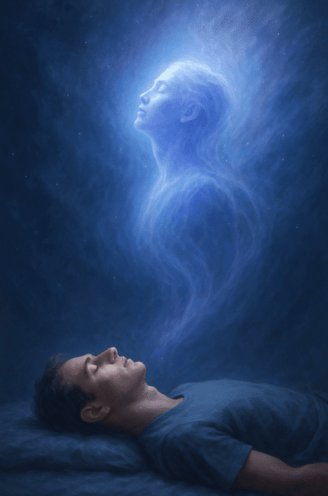 A man lying on a bed in blue light painting