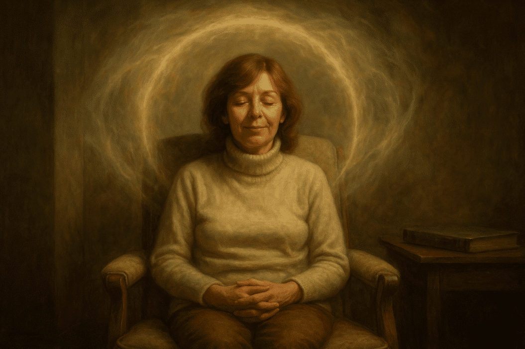a painting of a woman sitting in a chair