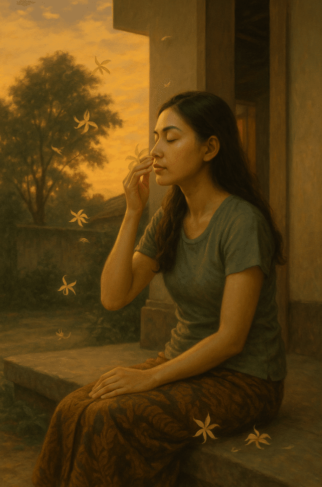 A woman sitting on a step in a painting