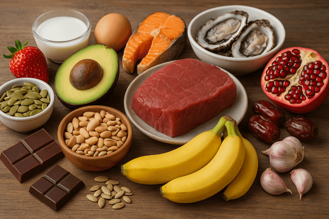 Assorted natural foods rich in zinc on a wooden table