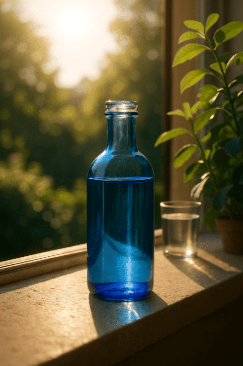 Blue bottle on window sill in sunlight