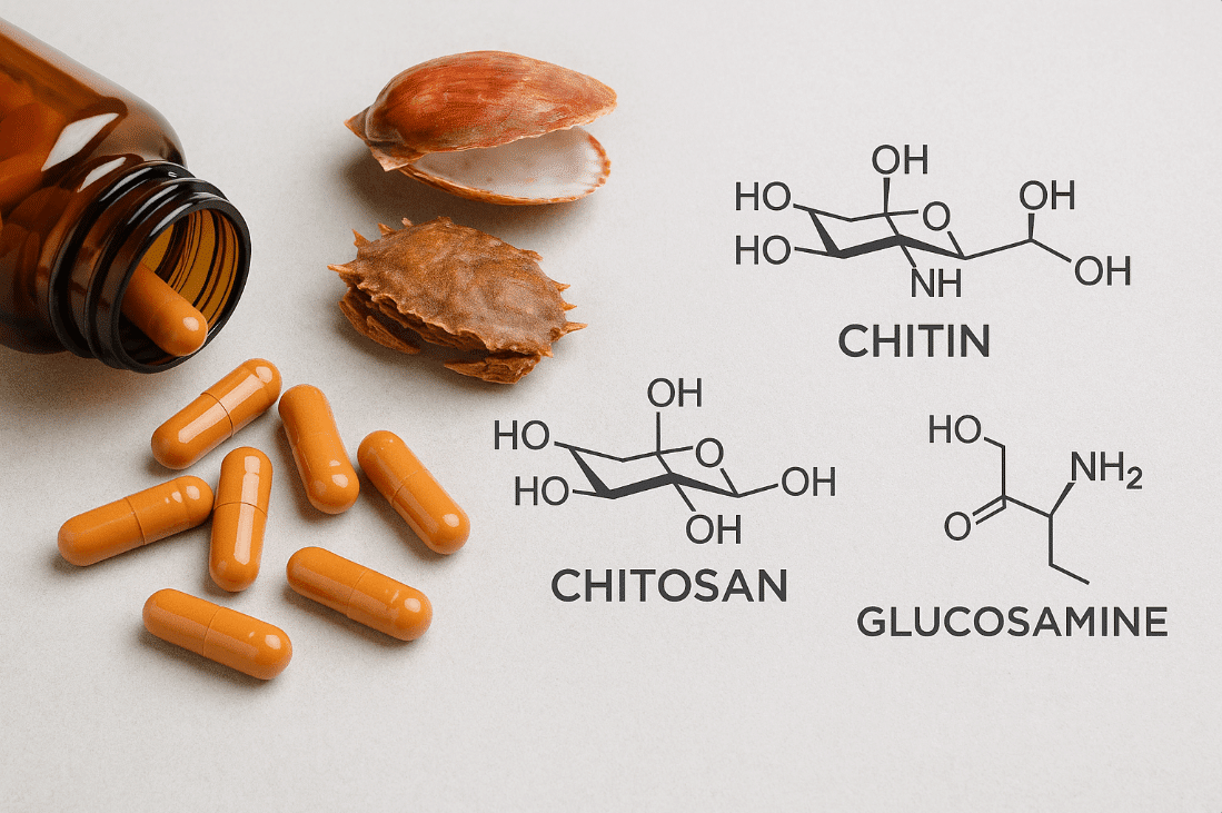 Bottle and pills on table related to glucosamine supplements