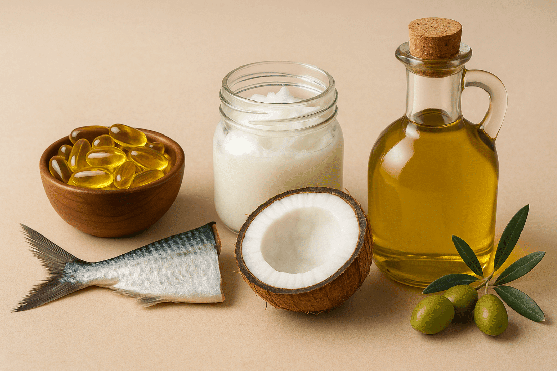 Bottle of olive oil, fish, and bowl of olives on a table