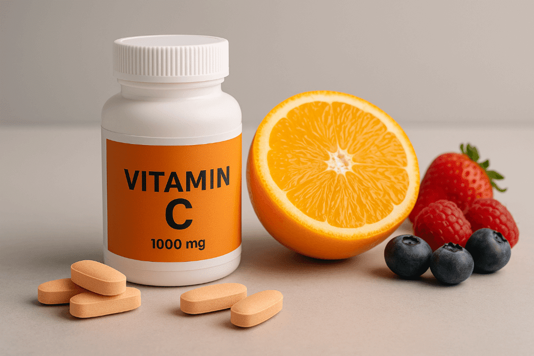 Bottle of vitamin c with assorted fruits showcasing supplements