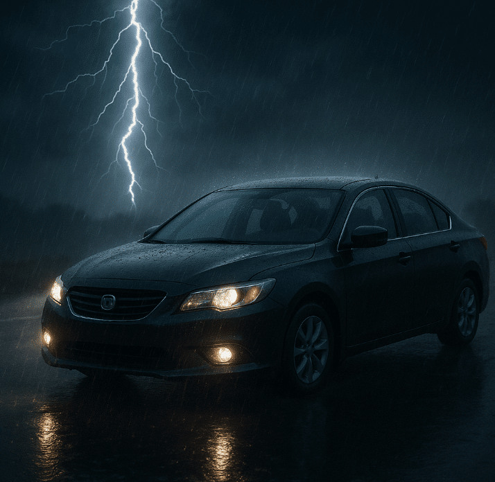 Car in parking lot with lightning overhead during rainstorm