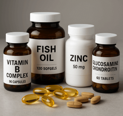 Fish oil bottles and pills on a table