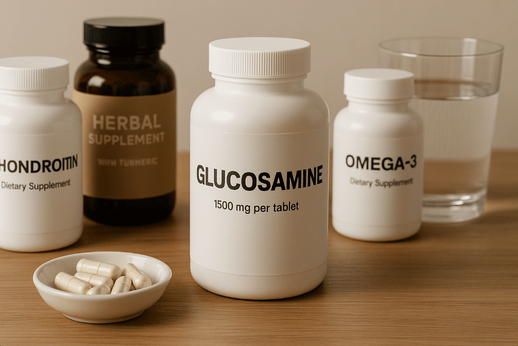 Glucosamine supplement bottles and bowl of pills