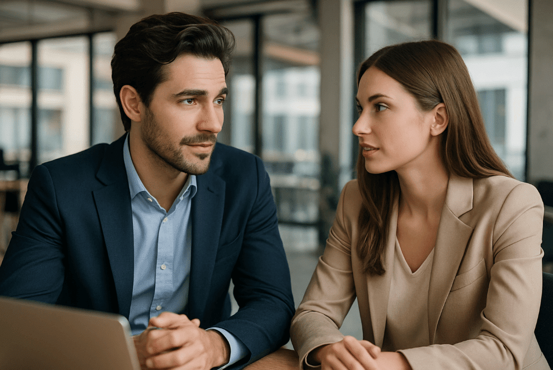 Man and woman discussing at a laptop
