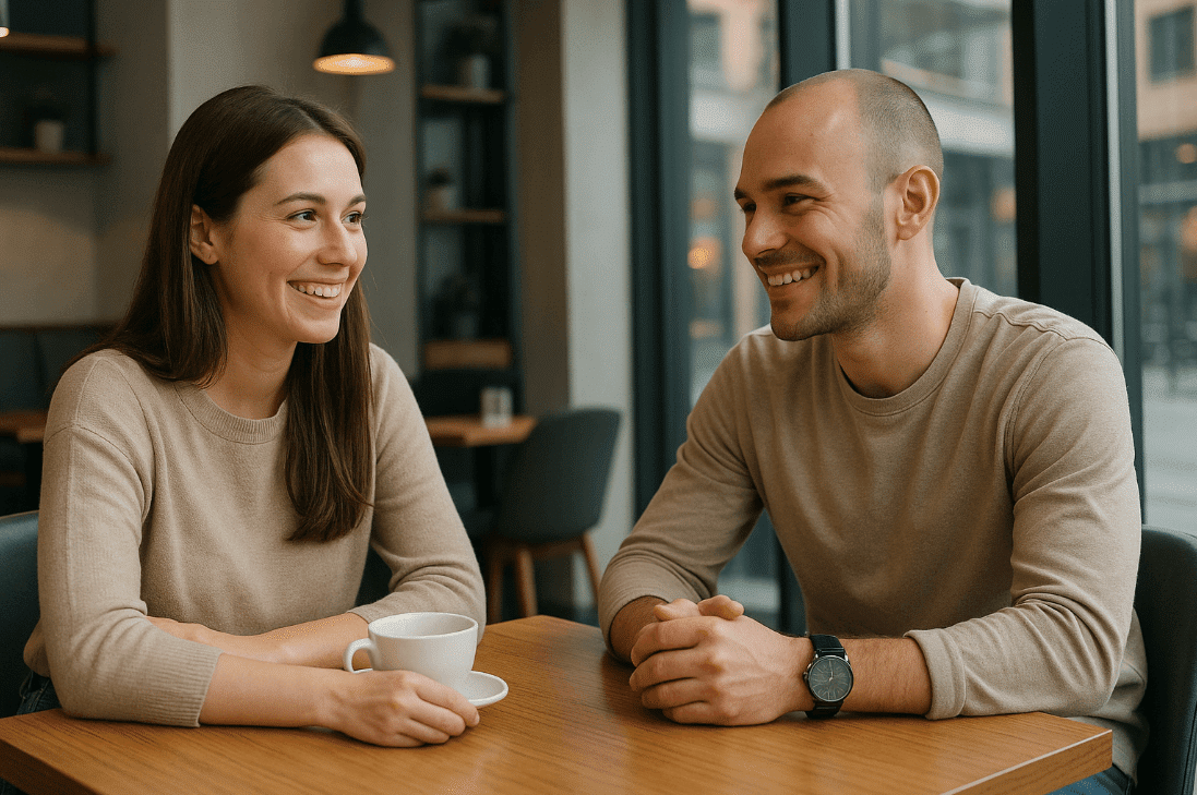 Man and woman smiling at a table on Bumble app date
