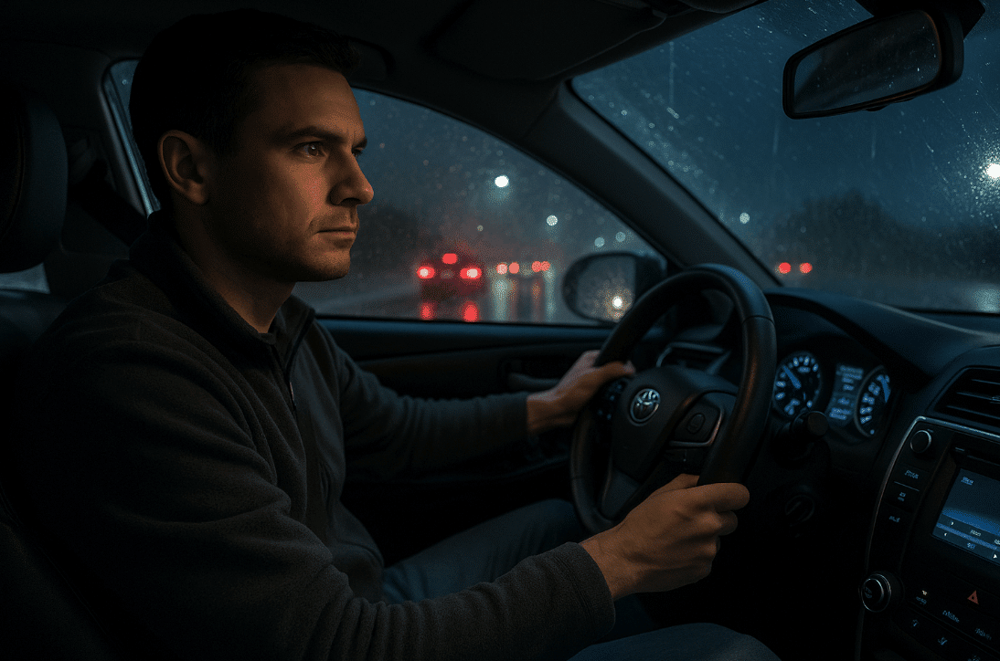 Man driving a car at night in the rain