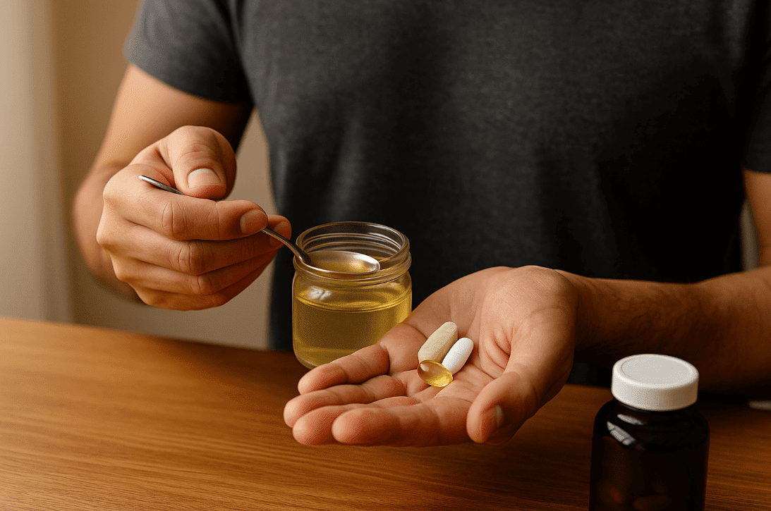 Man holding a jar of pills and a glass of liquid