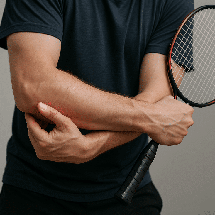 Man holding a tennis racket indoors while preparing to serve
