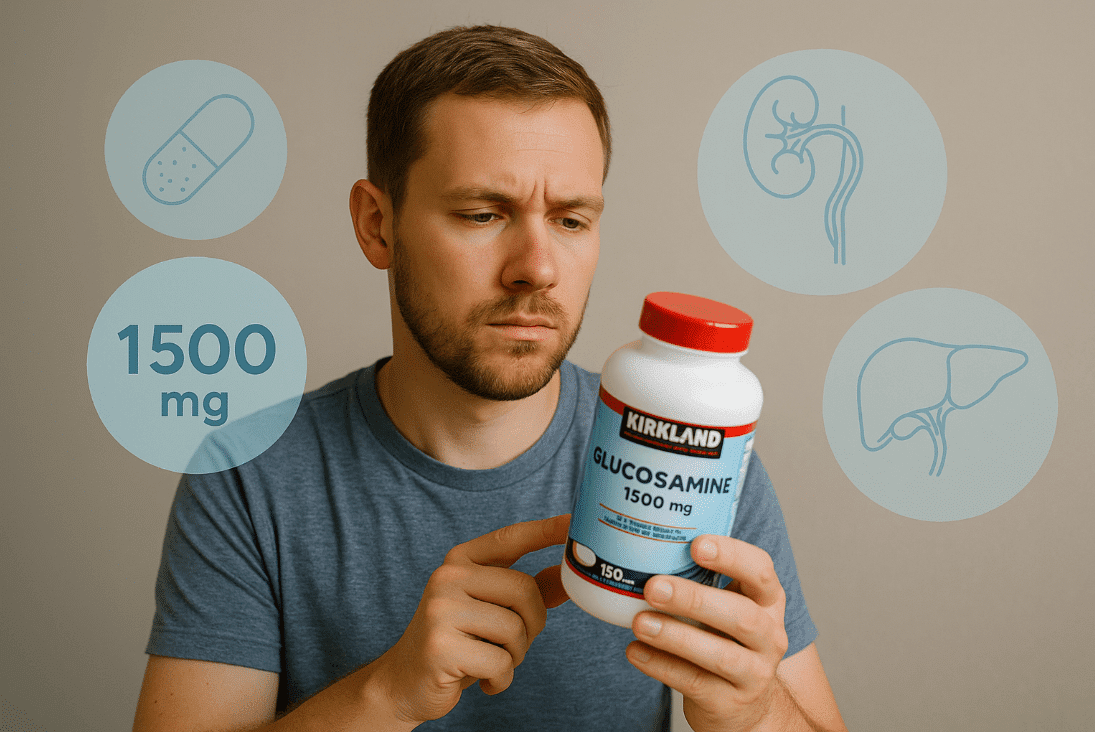 Man holding bottle of glucosamine pills in front of his face