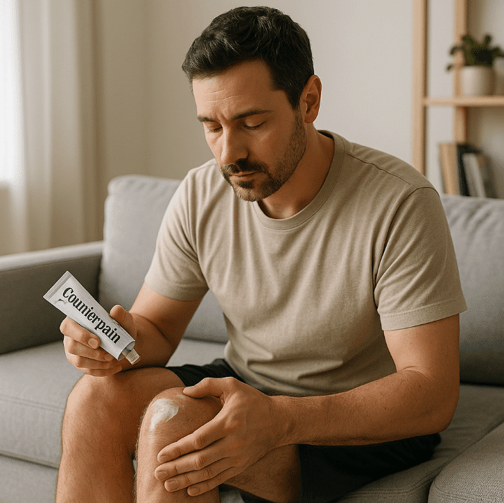 Man holding tube of counterpain cream on couch