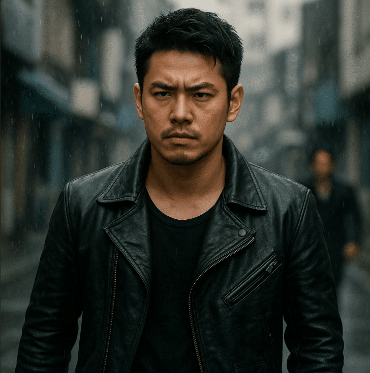 Man in black jacket standing in rain