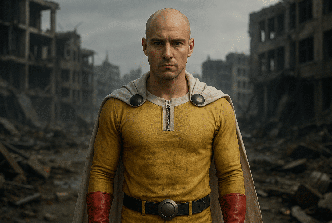 Man in yellow outfit resembling Saitama from One Punch Man