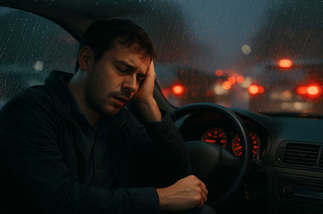 Man looking tired while sitting in car during traffic jam