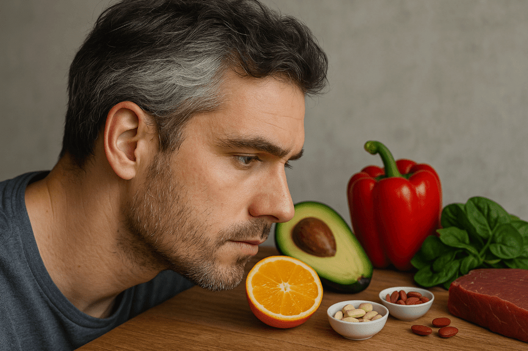 Man observing assorted fruits and vegetables
