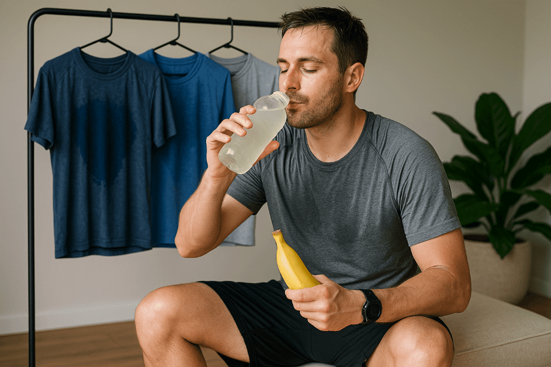 Man relaxing on couch drinking post-workout drink