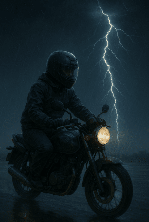 Man riding motorcycle in lightning storm