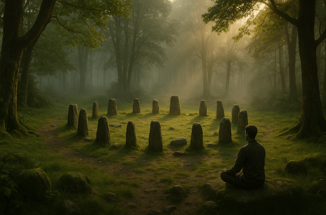Man sitting on a rock circle in a forest at Arca Domas Cibalay Bogor site