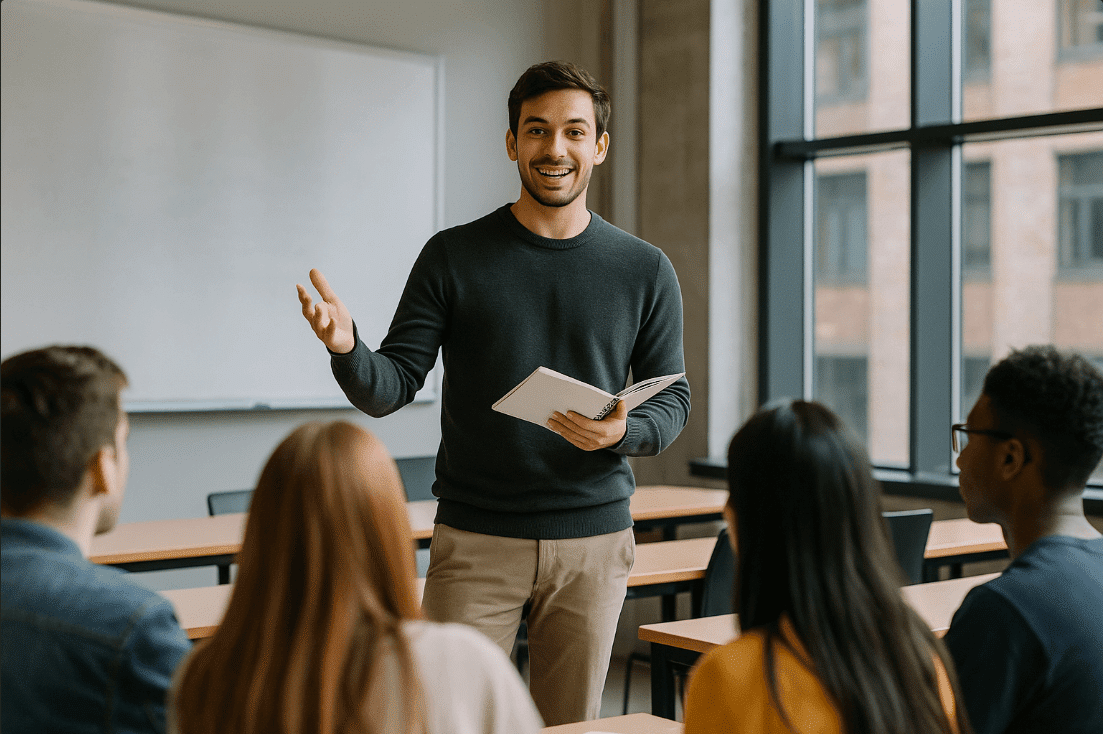 Man teaching students in classroom
