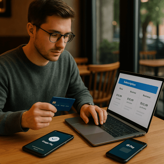 Man using laptop and credit card for online payment