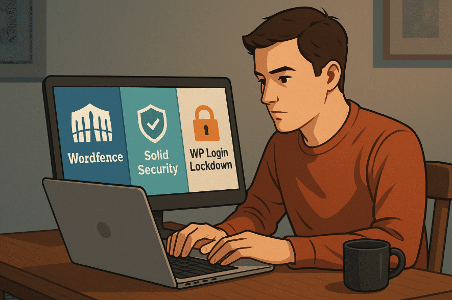 Man using laptop for Wordfence, Solid Security, or WP Login Lockdown comparison
