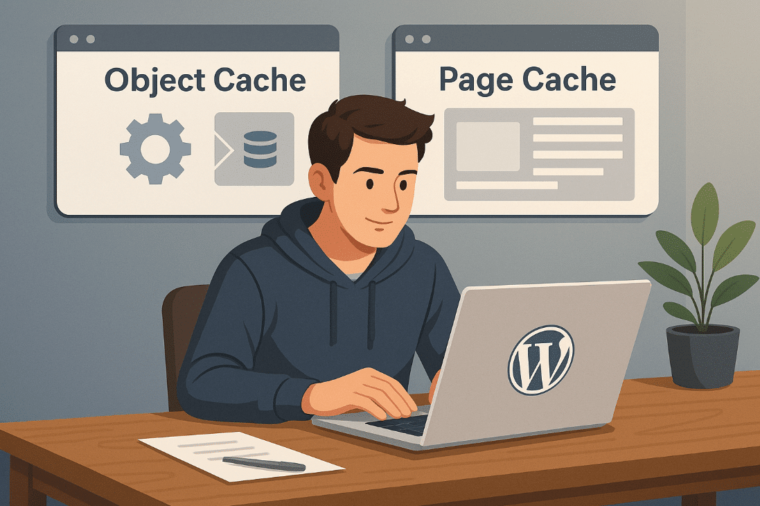 Man using laptop for WordPress website caching