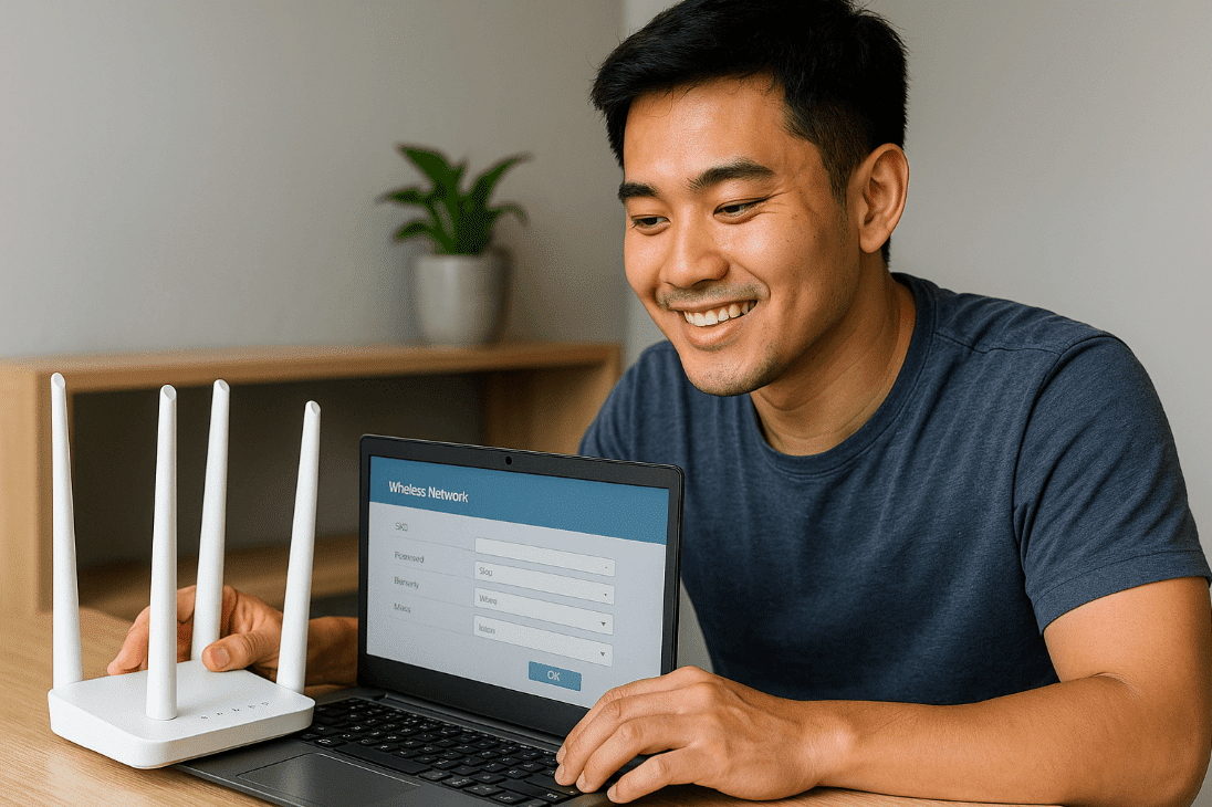 Man using laptop to adjust Biznet modem settings