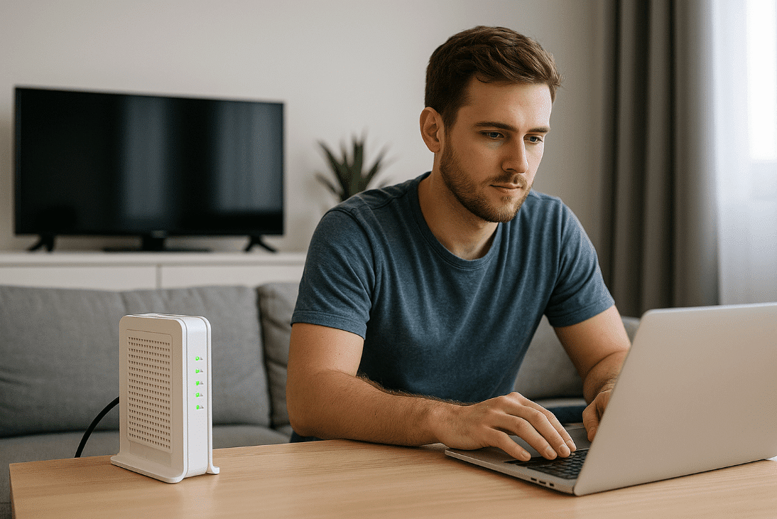 Man using laptop to adjust FirstMedia modem settings for faster internet