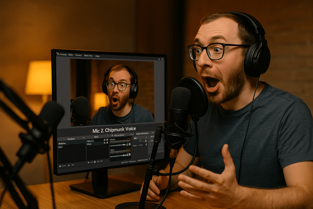 Man using microphone and headphones for YouTube podcast live stream