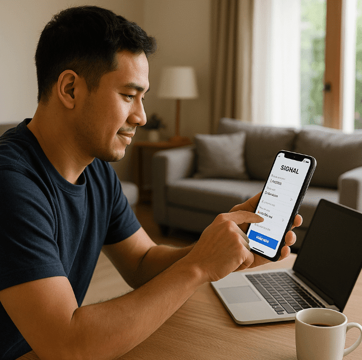 Man using phone and laptop for STNK renewal in Depok
