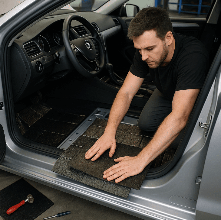 Man waxing car interior