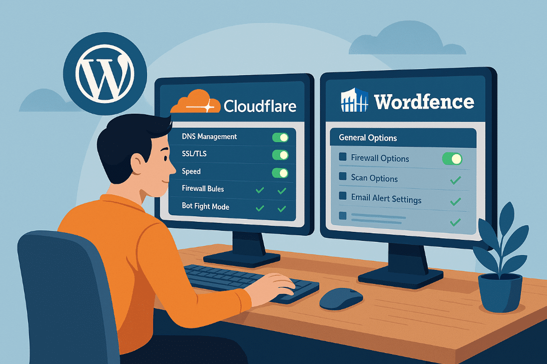 Man working on dual monitors in WordPress and server setup blog