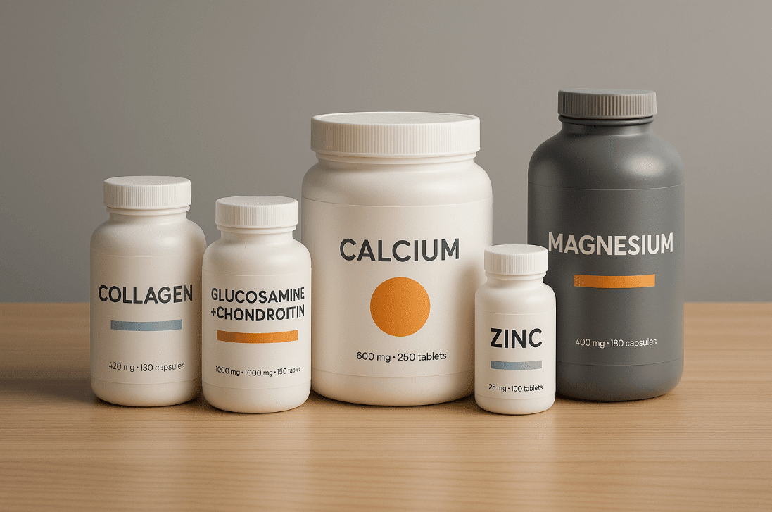 Medicine bottles on wooden table for athlete supplements