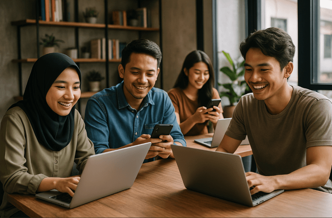 People collaborating at a table with laptops