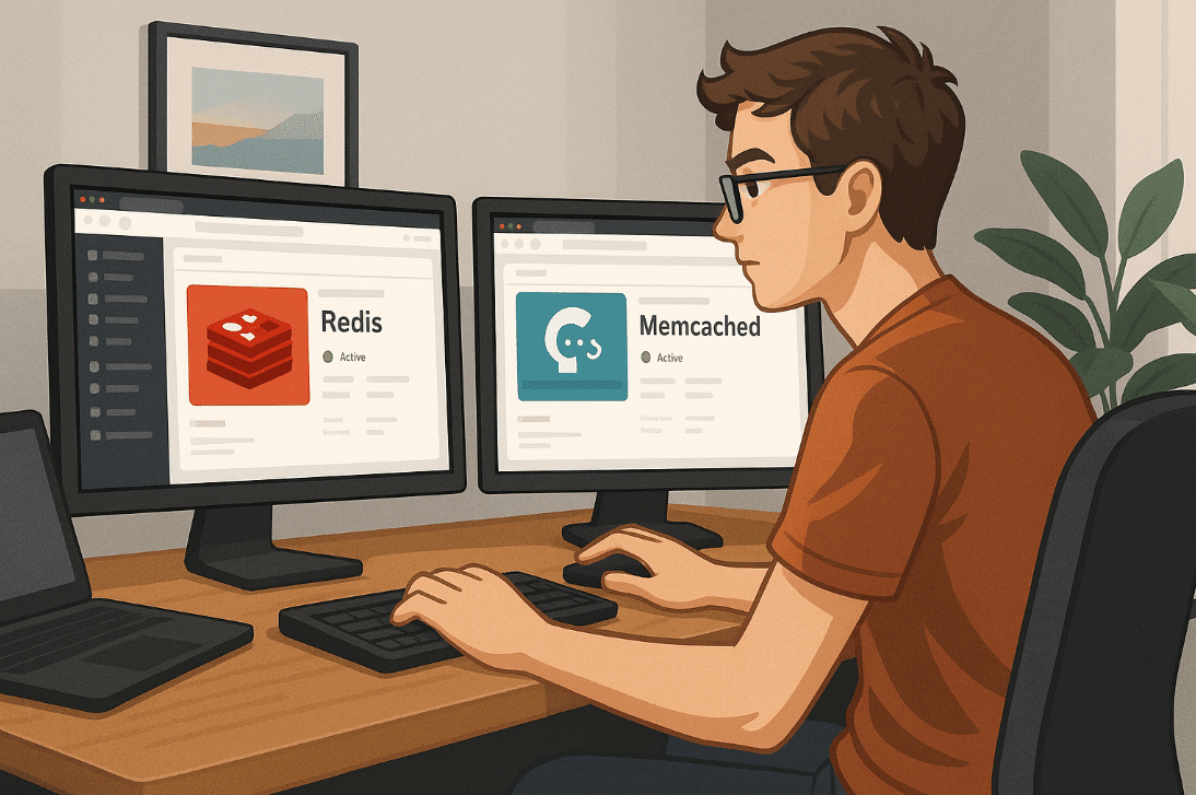 Pria duduk di depan dua monitor komputer untuk memahami Memcached dan Redis