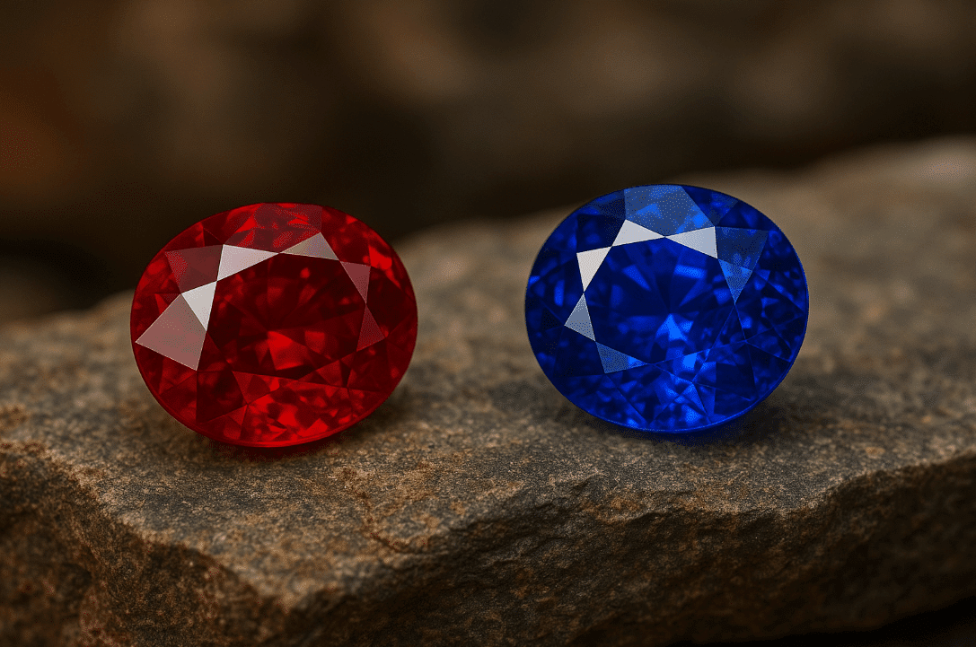 Red and blue diamonds on a rock