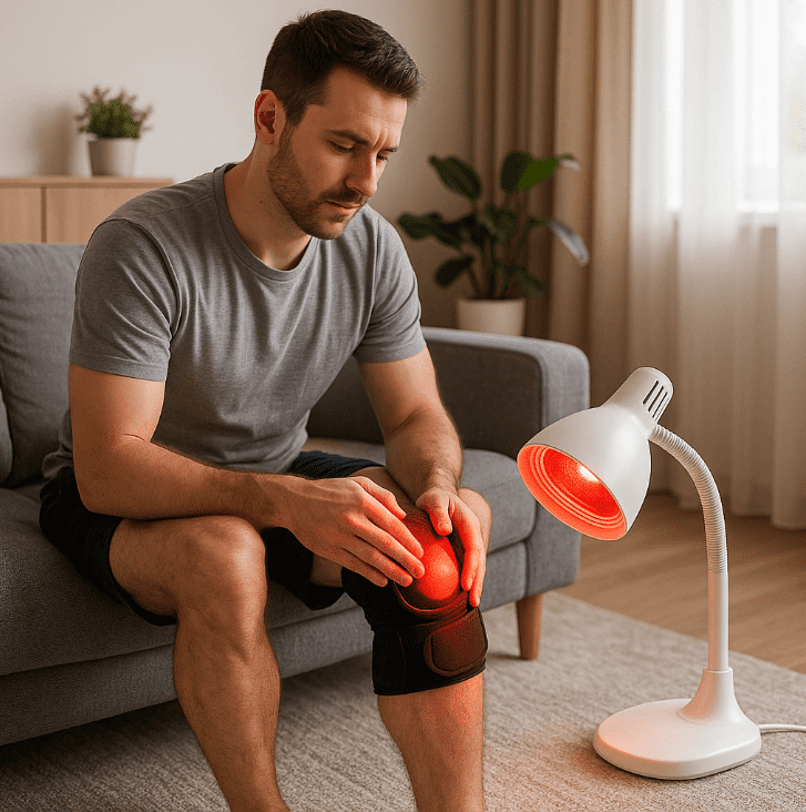 Sitting man holding knee brace on couch for post-badminton knee pain relief