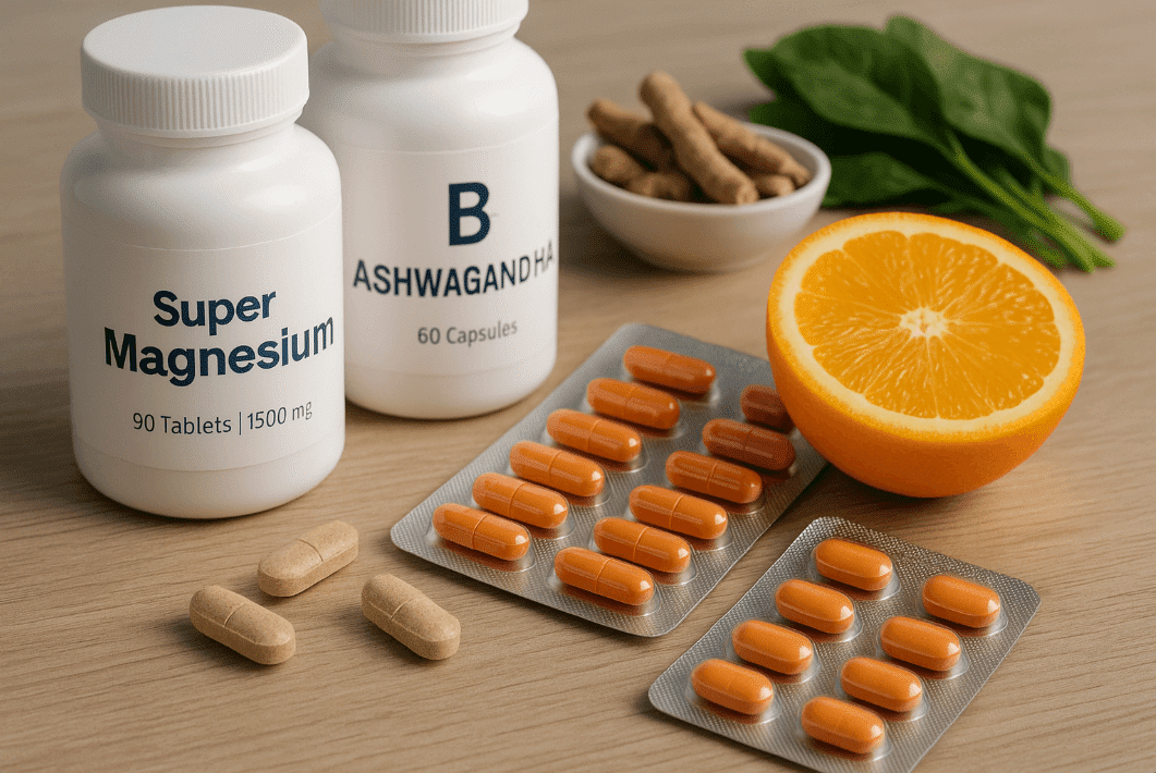Table with orange, vitamin pills, and supplements