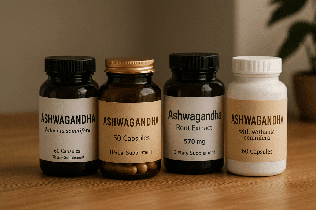 Three bottles of ashwagandha on a table