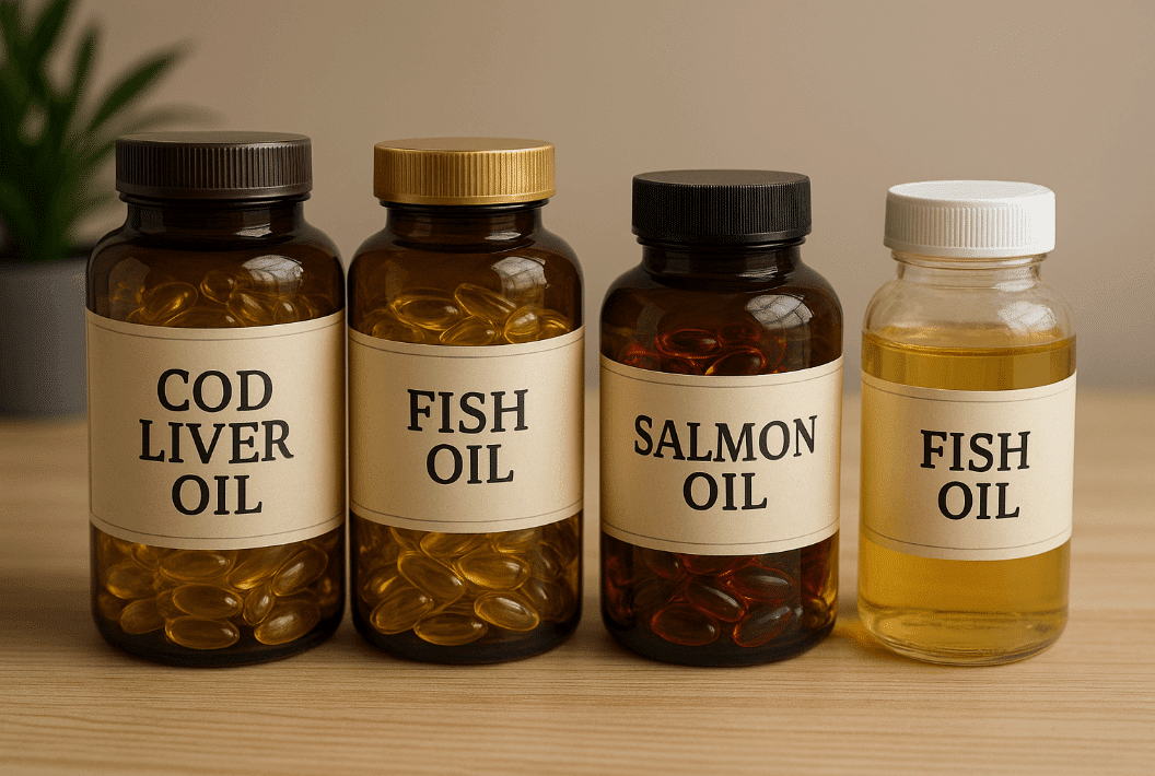 Three fish oil bottles on a table for nutritional benefits