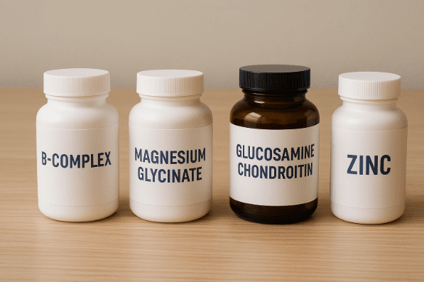 Three medicine bottles on a wooden table