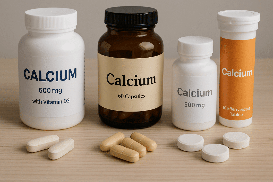 Three vitamin bottles and pills on a table